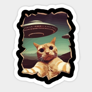 Cut Out Cat In Space Funny Cat Selfie With UFOs Behind Sticker